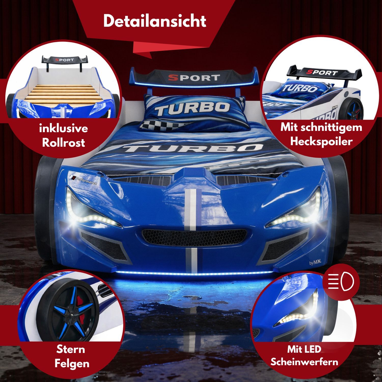 Autobett GTE Kinderbett 90 x 200 im Rennwagen Design mit Lattenrost, Licht & Motorengeräuschen