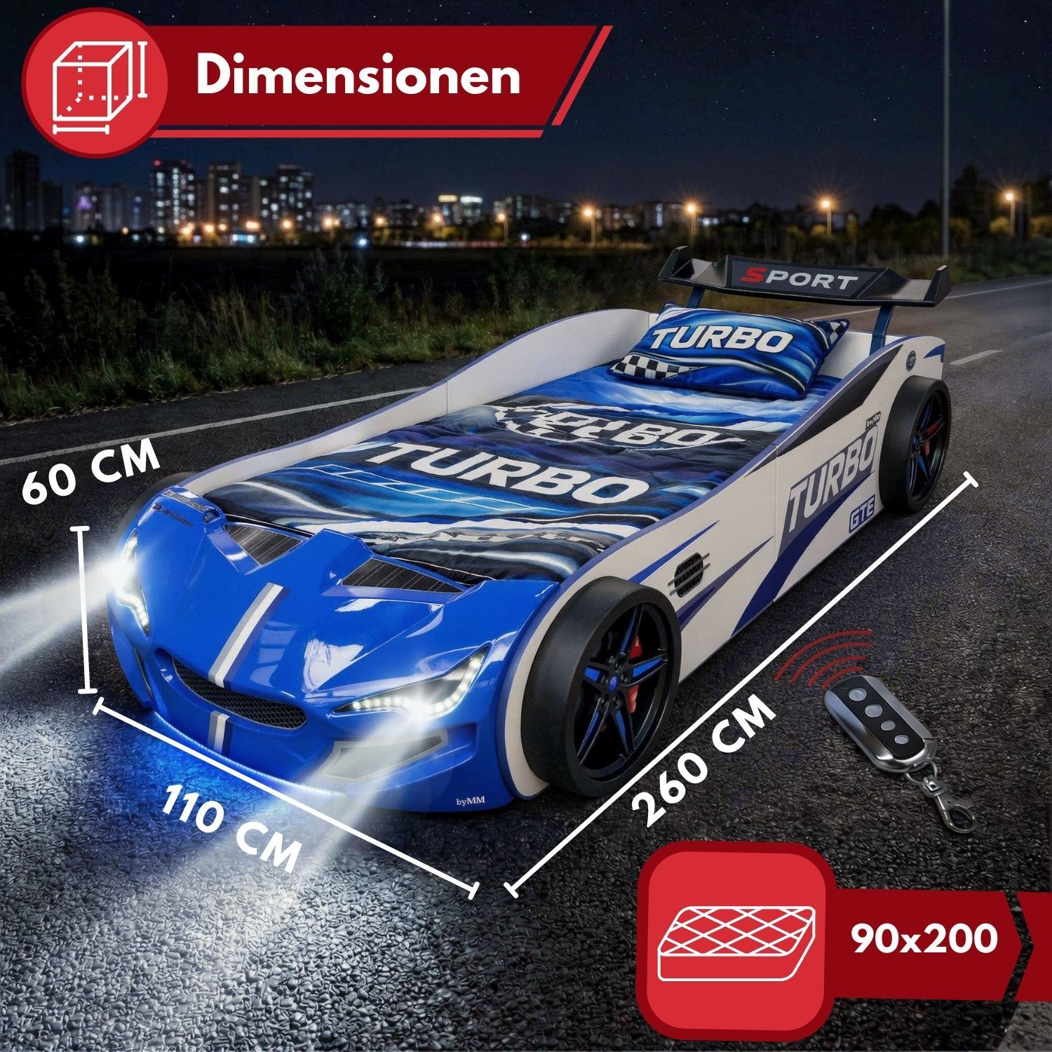 Autobett GTE Kinderbett 90 x 200 im Rennwagen Design mit Lattenrost, Licht & Motorengeräuschen