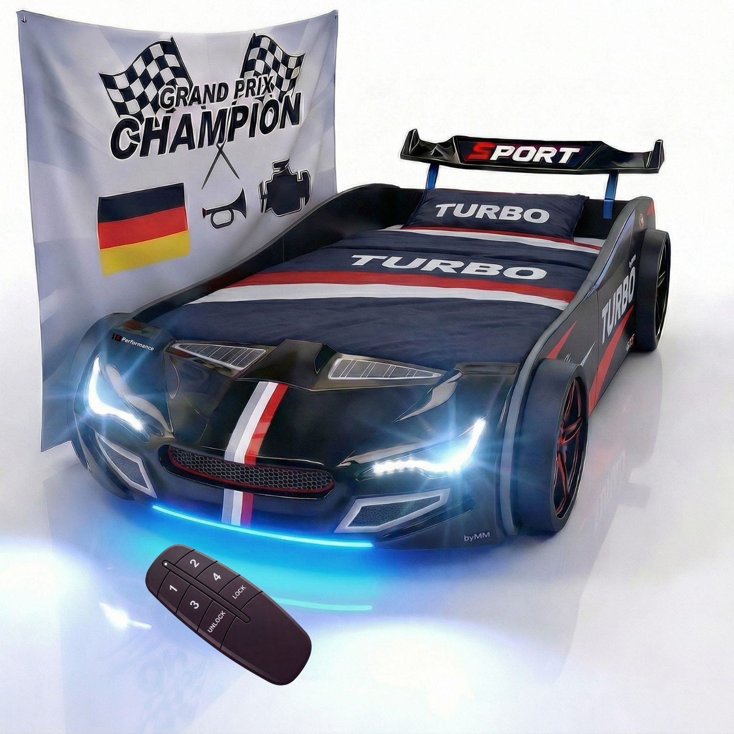 Autobett GTE Kinderbett 90 x 200 im Rennwagen Design mit Lattenrost, Licht & Motorengeräuschen