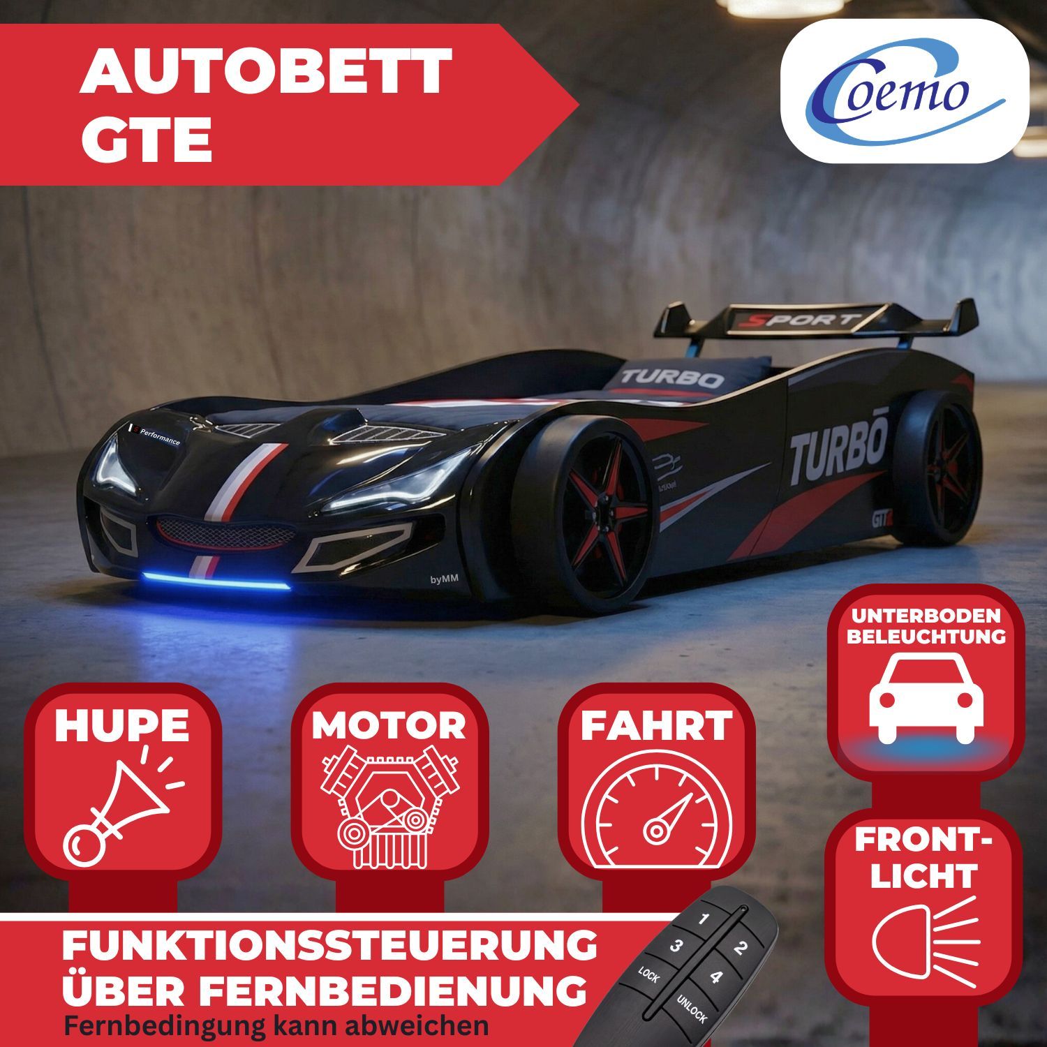 Autobett GTE Kinderbett 90 x 200 im Rennwagen Design mit Lattenrost, Licht & Motorengeräuschen