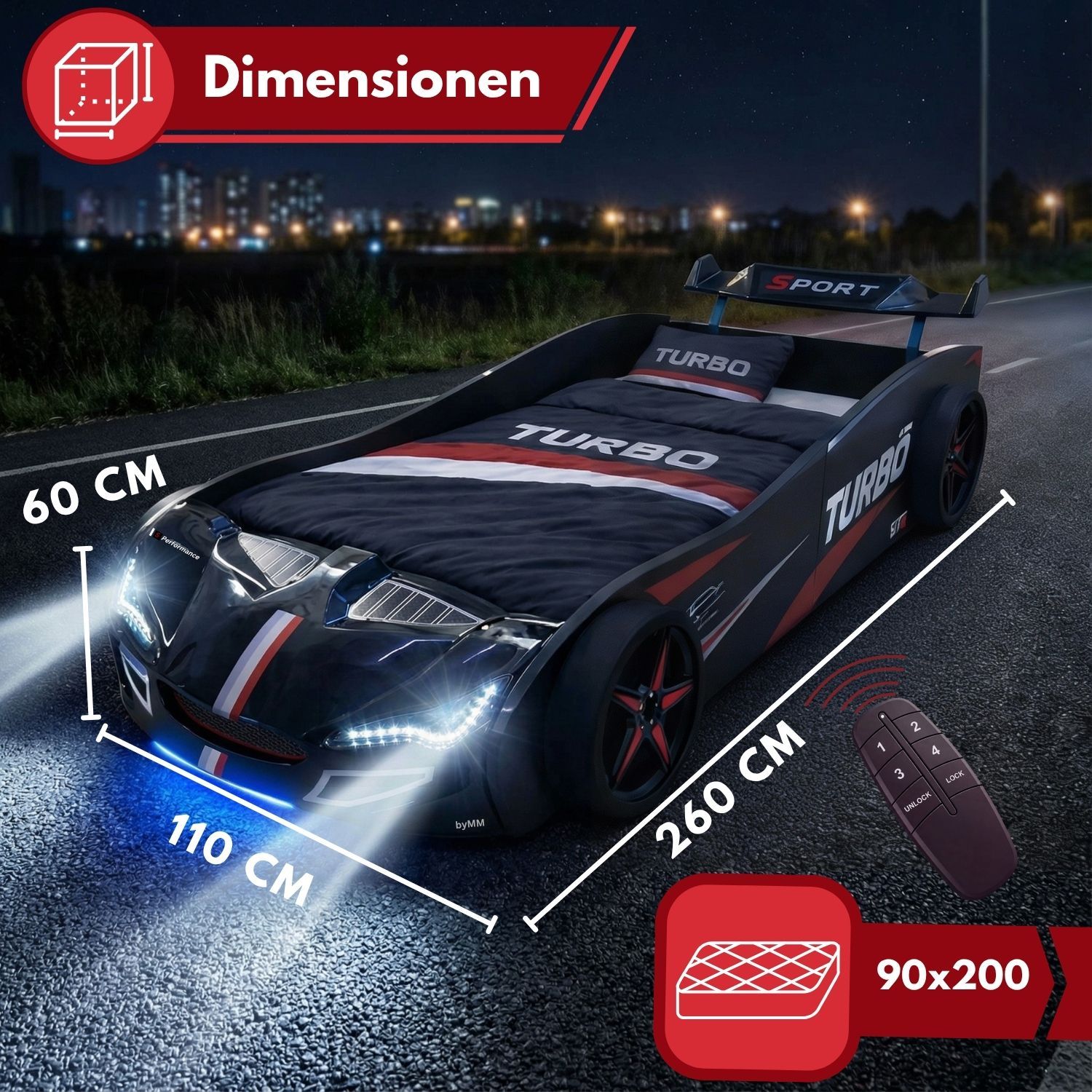 Autobett GTE Kinderbett 90 x 200 im Rennwagen Design mit Lattenrost, Licht & Motorengeräuschen