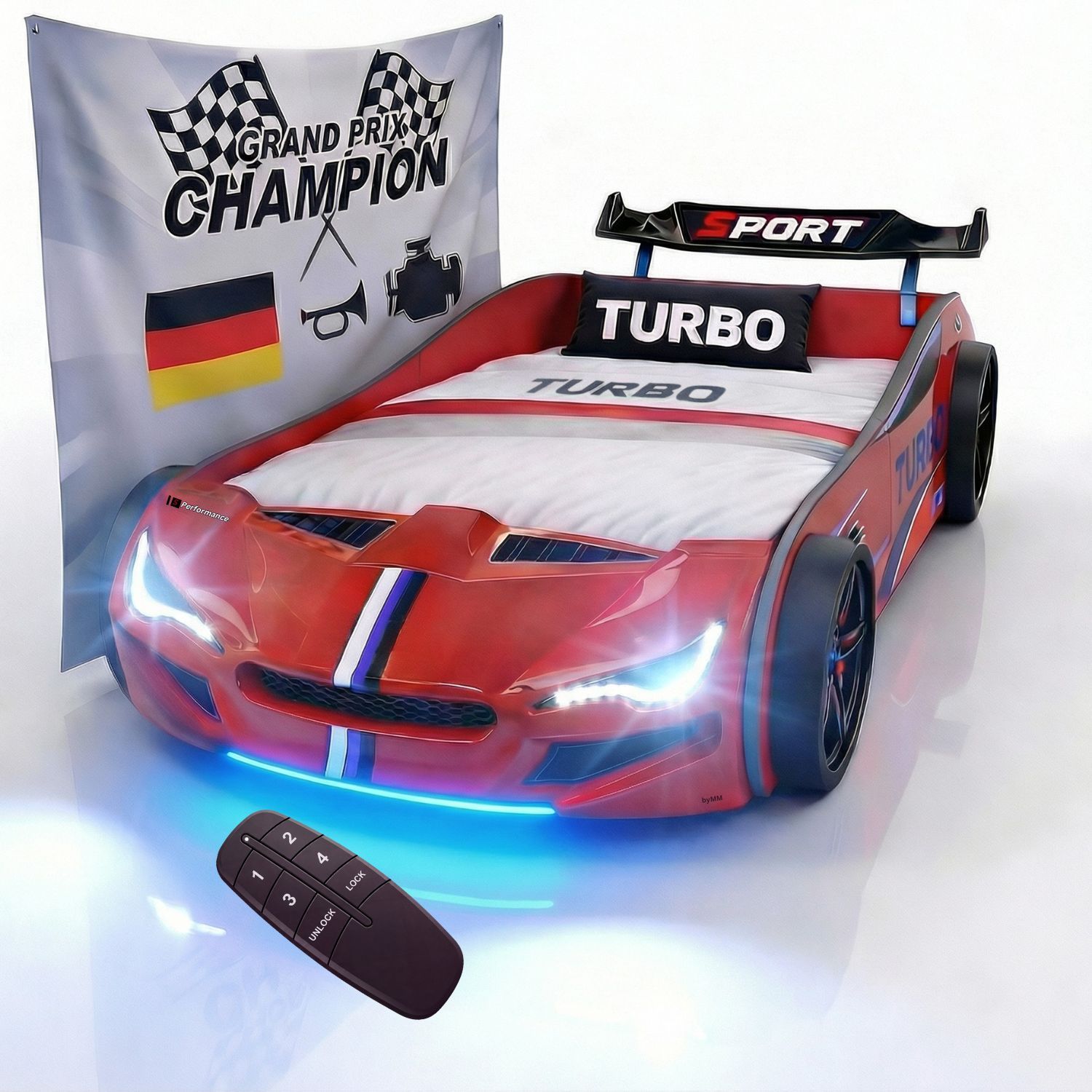 Autobett GTE Kinderbett 90 x 200 im Rennwagen Design mit Lattenrost, Licht & Motorengeräuschen