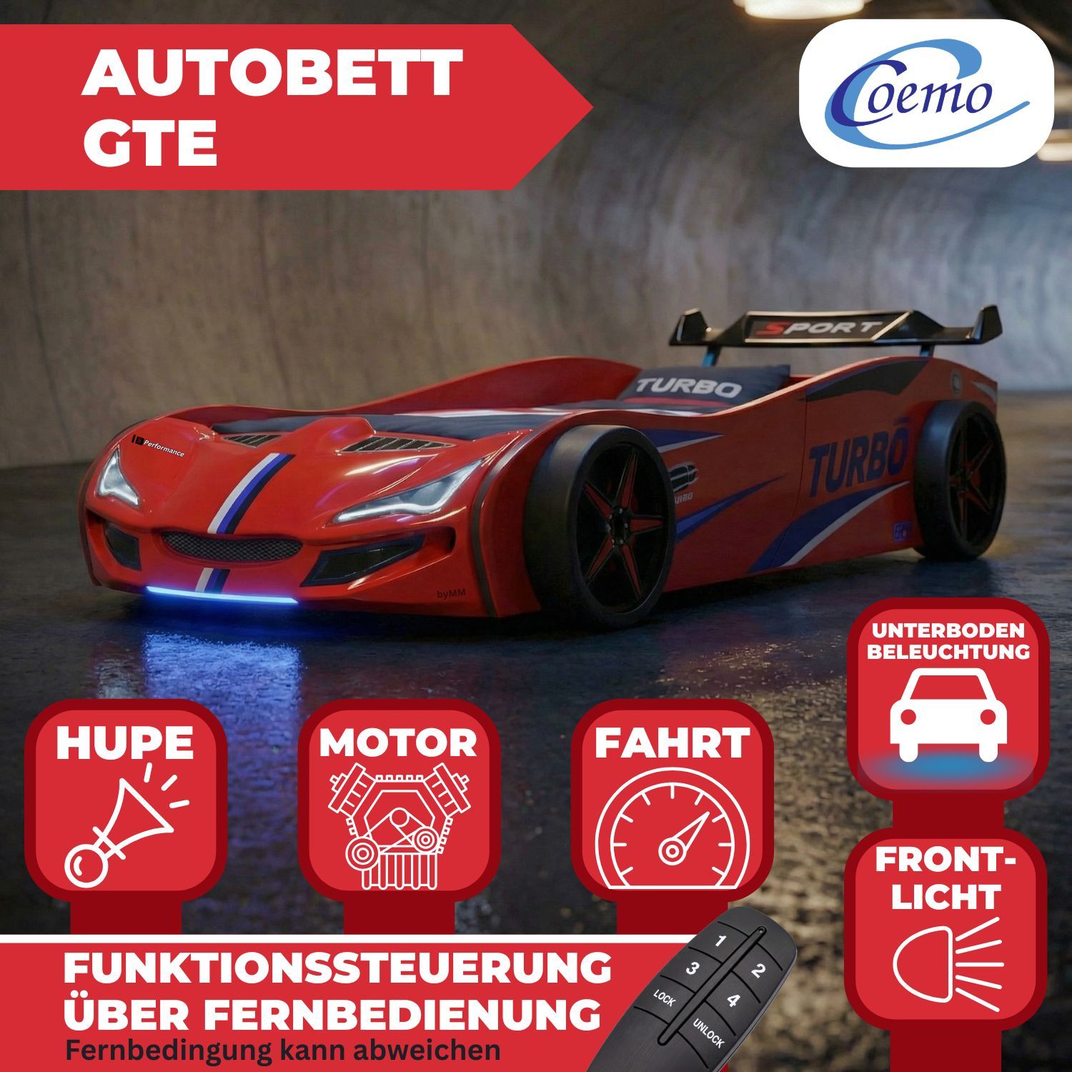 Autobett GTE Kinderbett 90 x 200 im Rennwagen Design mit Lattenrost, Licht & Motorengeräuschen
