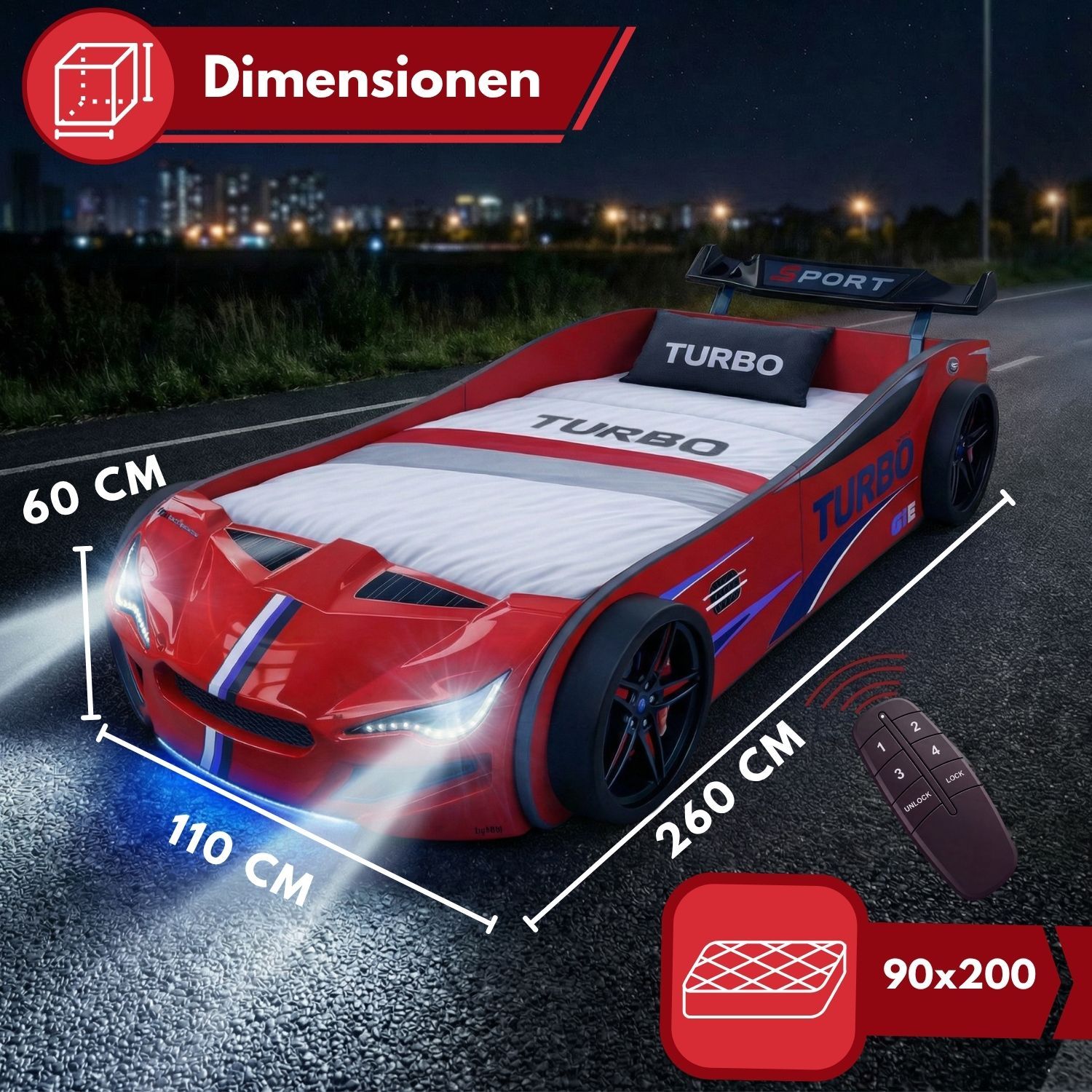 Autobett GTE Kinderbett 90 x 200 im Rennwagen Design mit Lattenrost, Licht & Motorengeräuschen