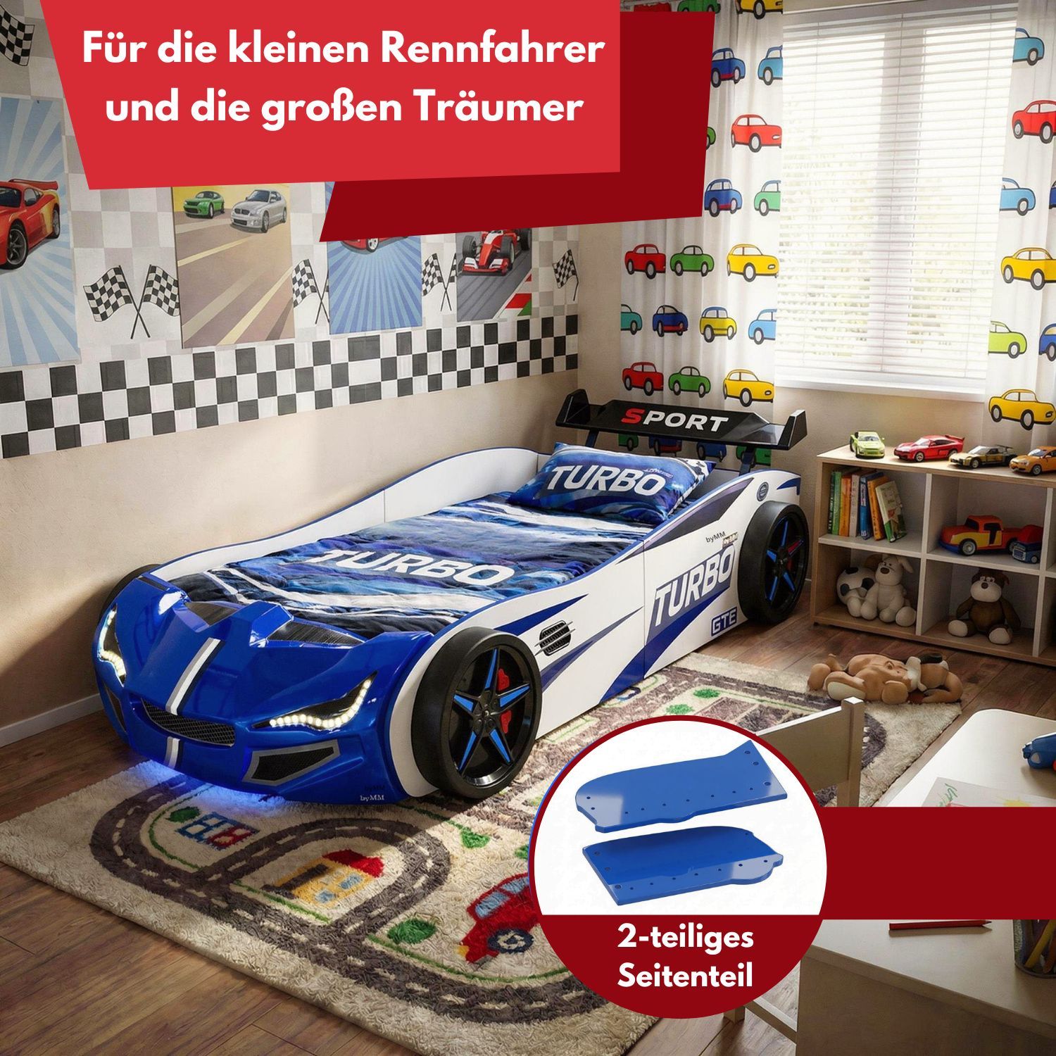 Autobett GTE Kinderbett 90 x 200 im Rennwagen Design mit Lattenrost, Licht & Motorengeräuschen