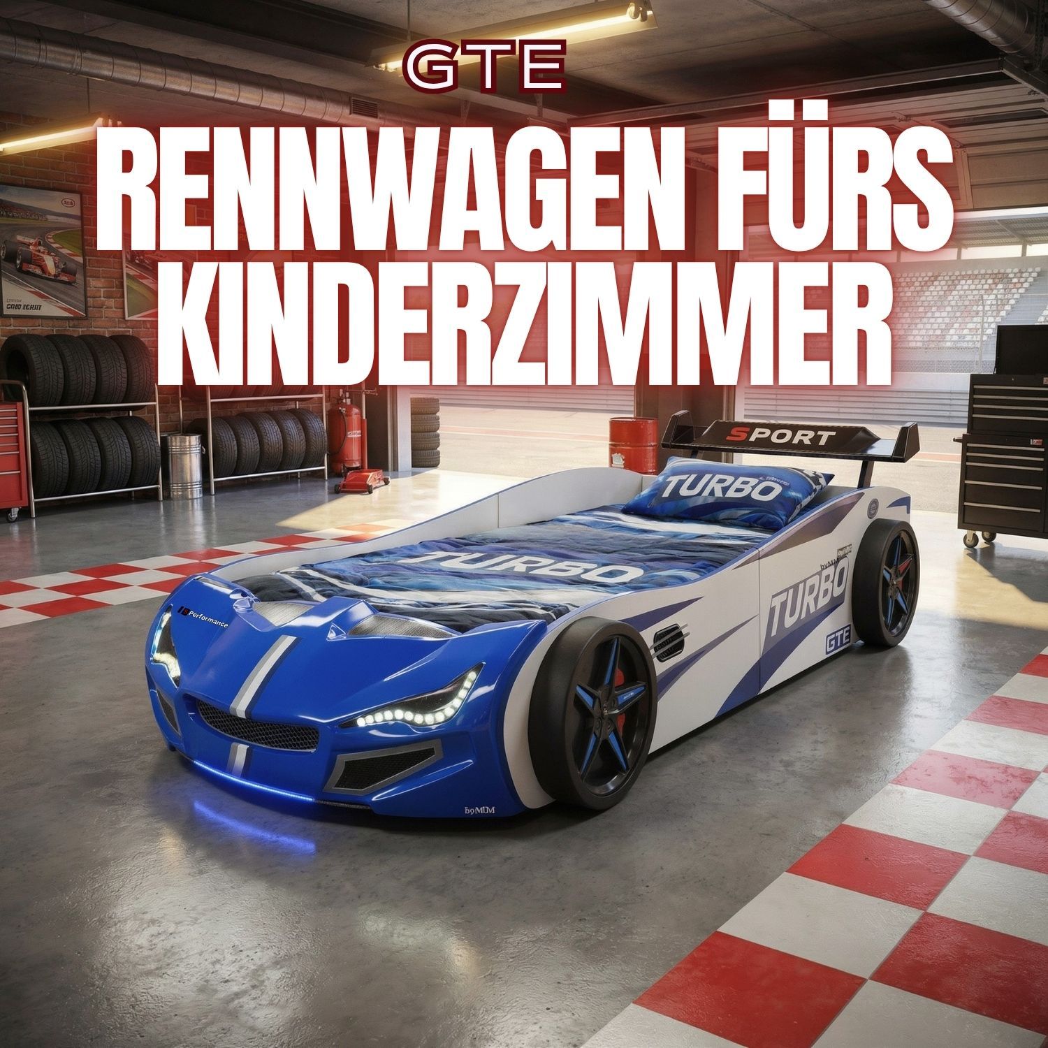 Autobett GTE Kinderbett 90 x 200 im Rennwagen Design mit Lattenrost, Licht & Motorengeräuschen