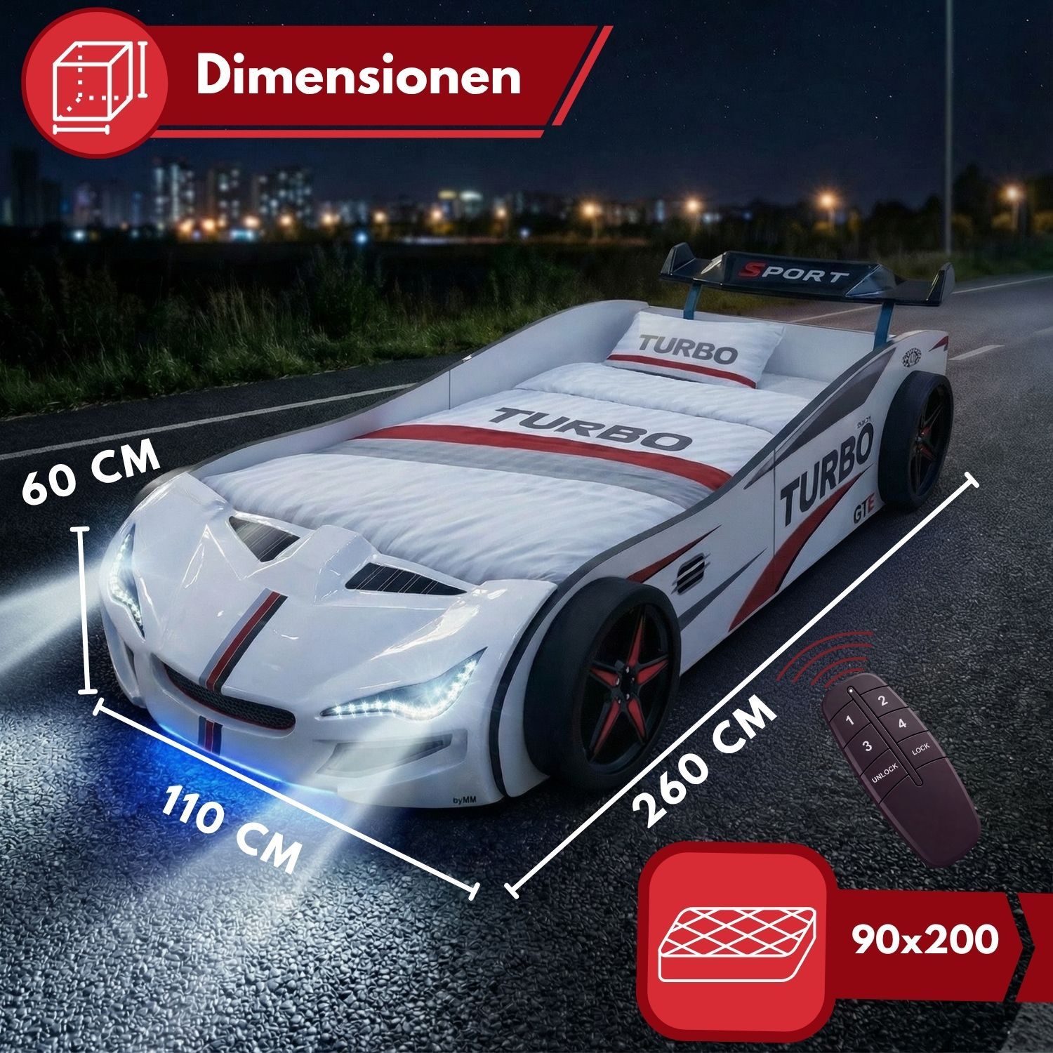 Autobett GTE Kinderbett 90 x 200 im Rennwagen Design mit Lattenrost, Licht & Motorengeräuschen