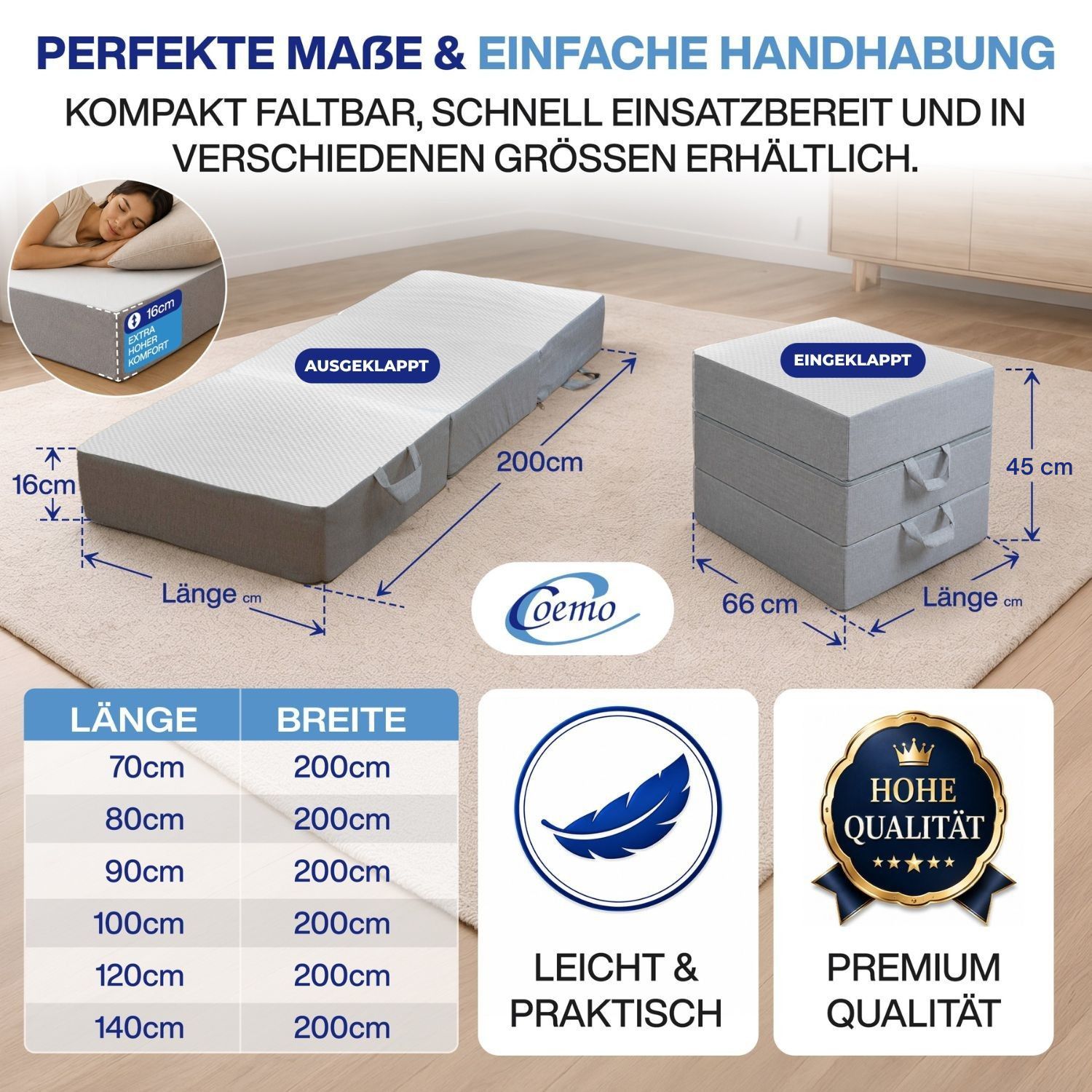 Coemo Faltmatratze/ Klappmatratze Falko 3-teilig - Platzsparende Gästematratze mit Visco-Auflage