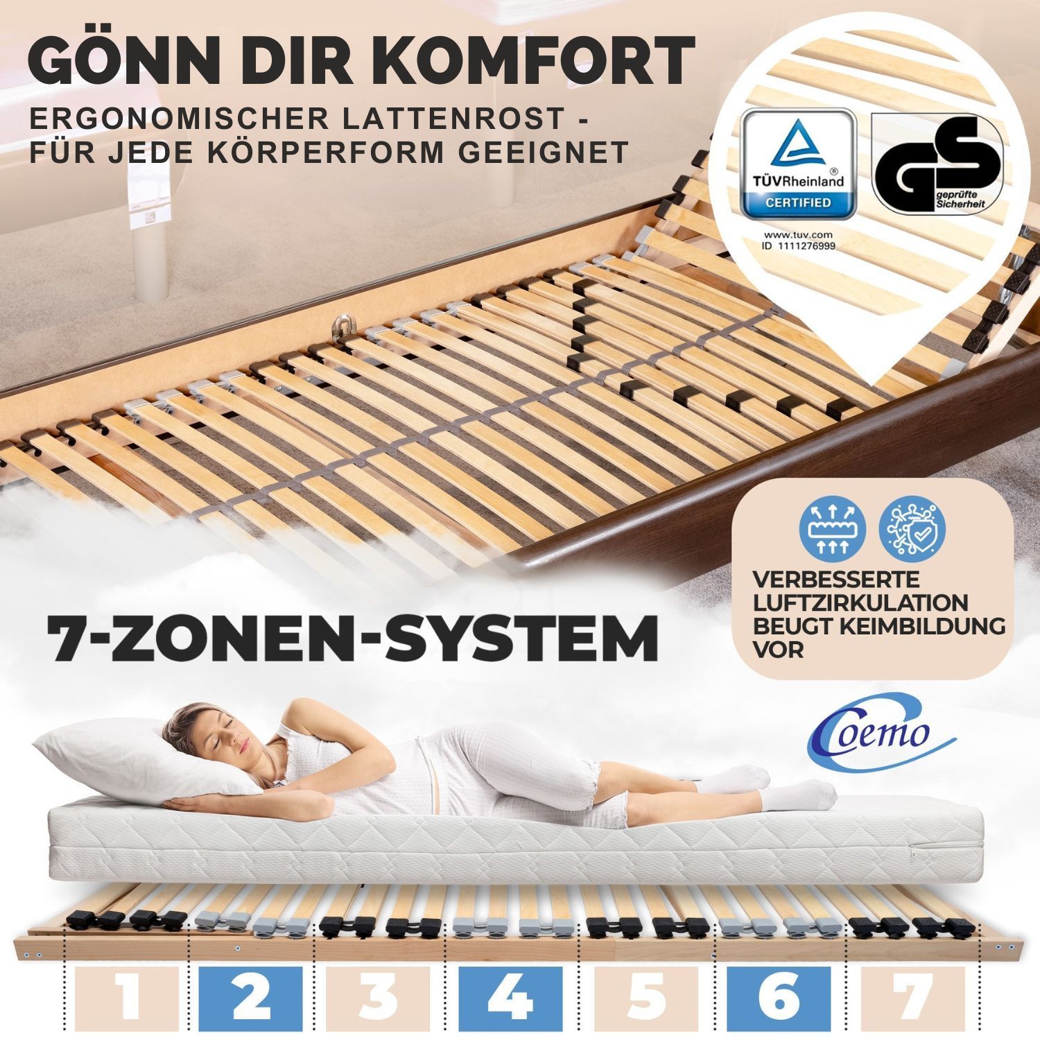 7 Zonen Lattenrost verstellbar ERGO 80x200 90x200 & 100x200