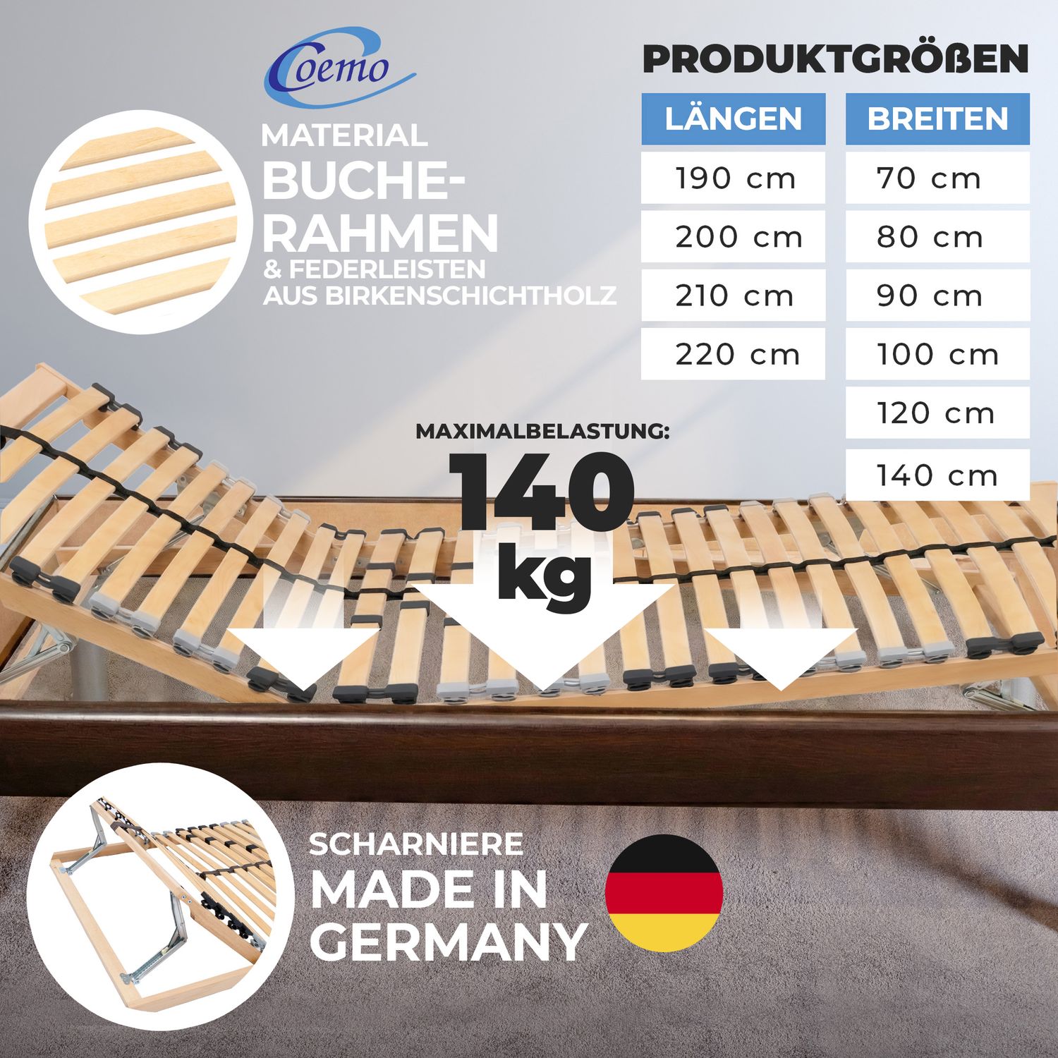 Coemo Lattenrost ERGO KF mit verstellbarem Kopf- und Fußteilscharnier