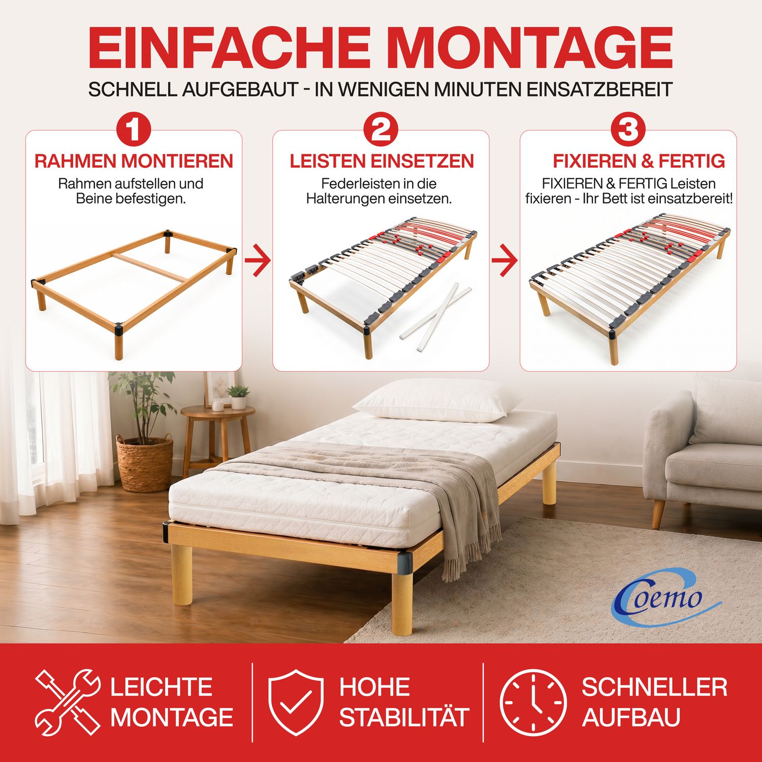Hochwertiges Bettgestell mit Lattenrost 'DORADO' Massivholz Buche Made in Italy