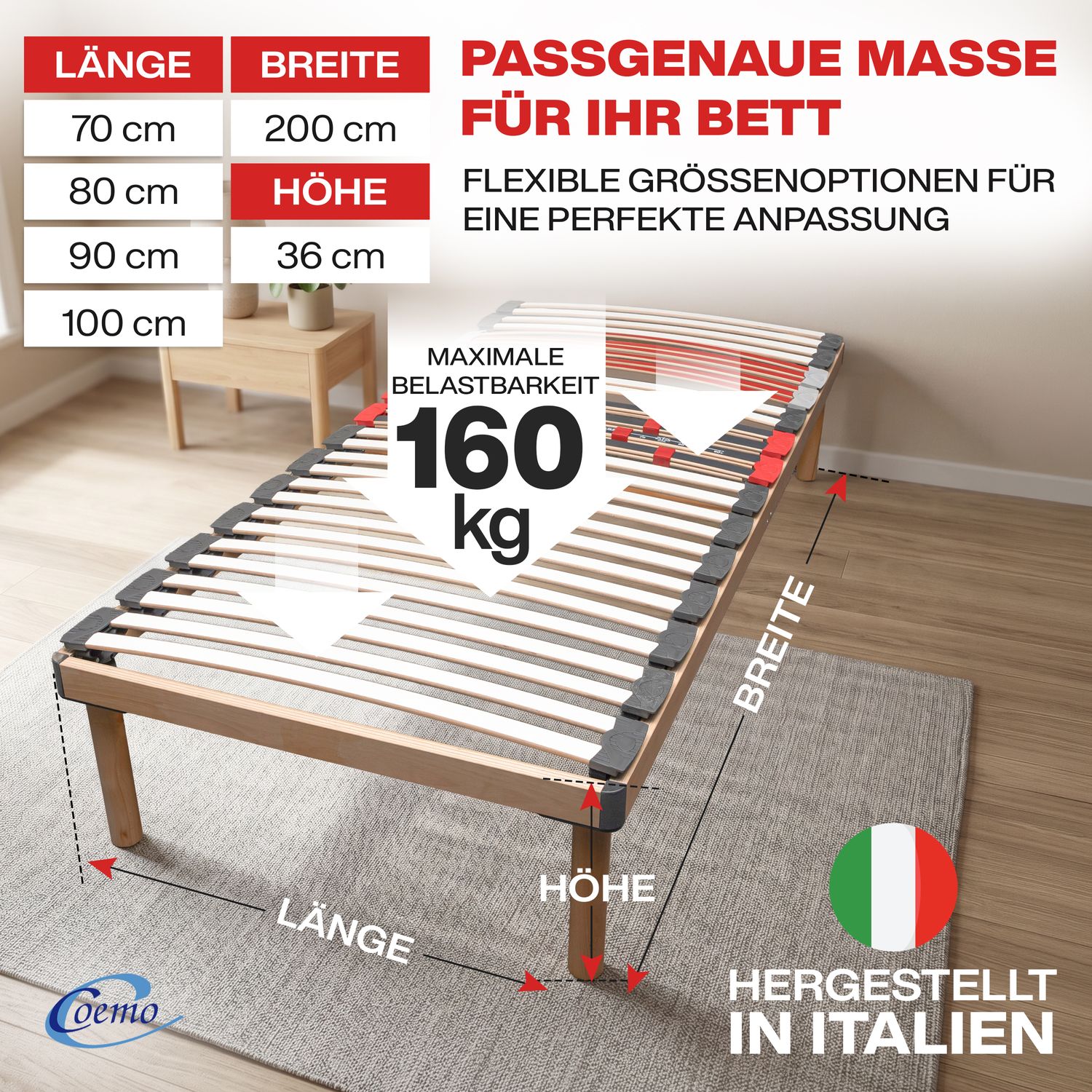 Hochwertiges Bettgestell mit Lattenrost 'DORADO' Massivholz Buche Made in Italy