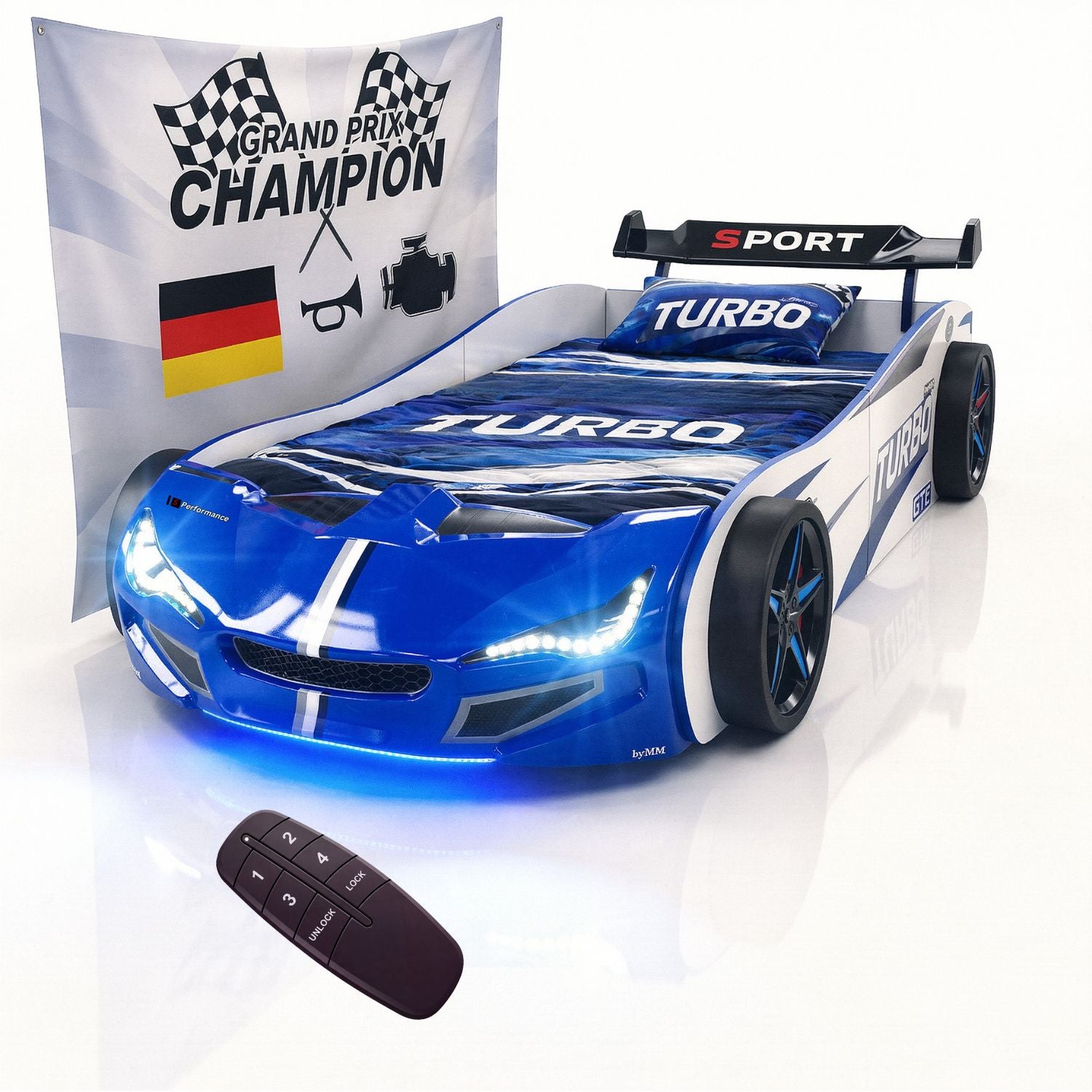 Autobett GTE Kinderbett 90 x 200 im Rennwagen Design mit Lattenrost, Licht & Motorengeräuschen