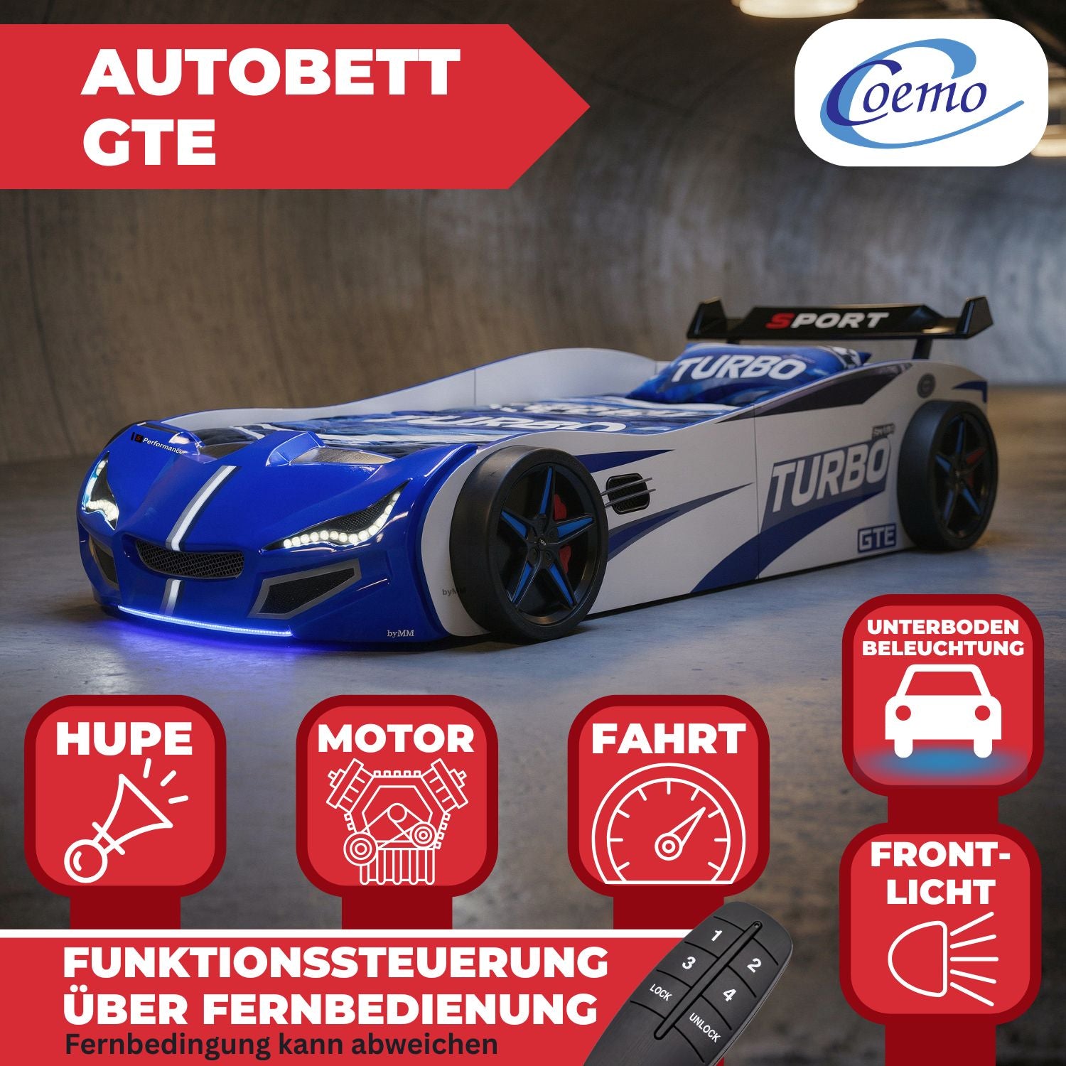 Autobett GTE Kinderbett 90 x 200 im Rennwagen Design mit Lattenrost, Licht & Motorengeräuschen