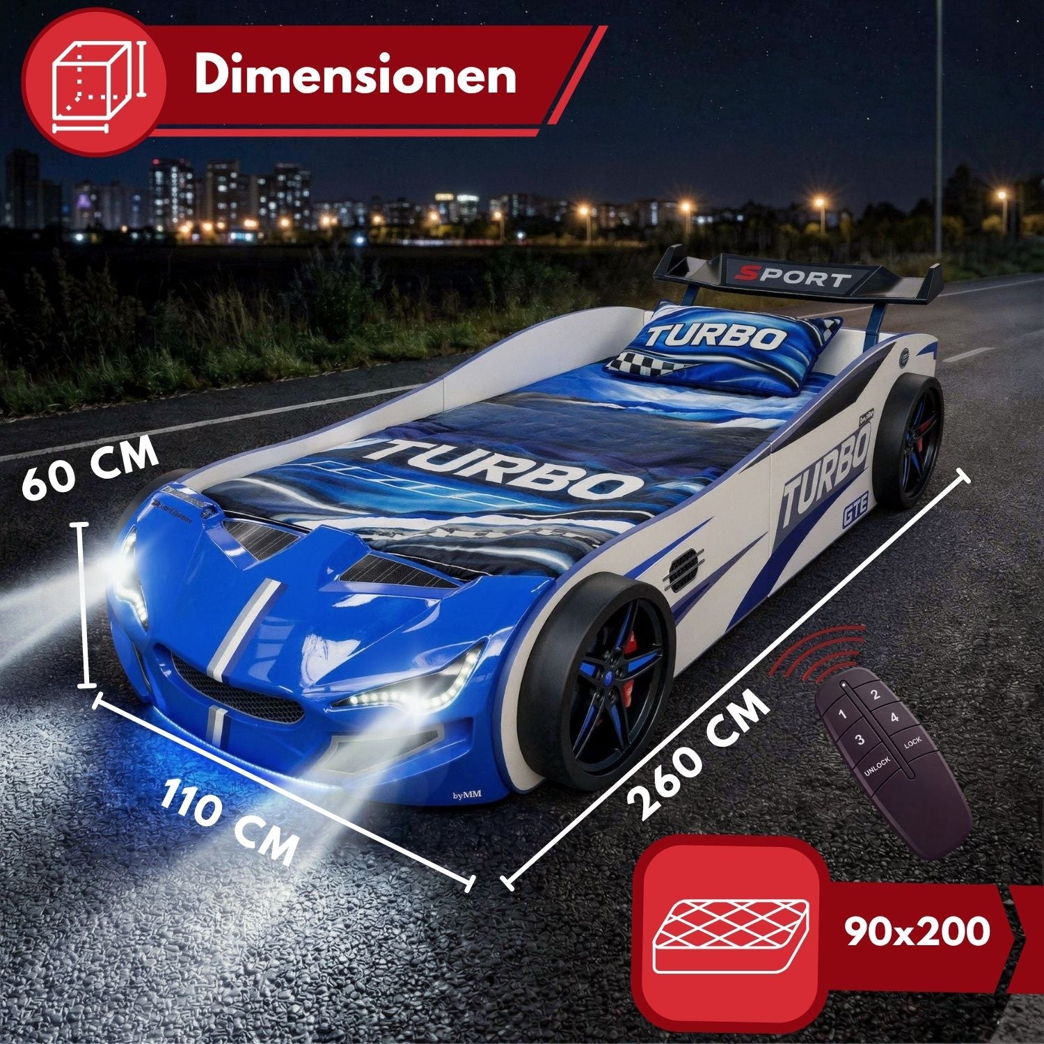 Autobett GTE Kinderbett 90 x 200 im Rennwagen Design mit Lattenrost, Licht & Motorengeräuschen